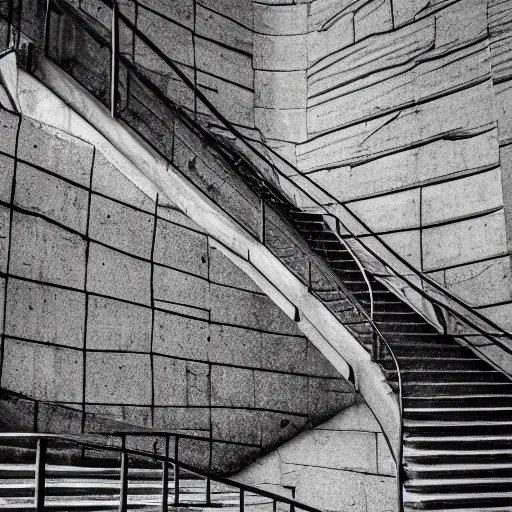 Image similar to black and white surreal photograph, highly detailed vast space made of stairsteps, sideview, detailed textures, natural light, mist, architecture photography, film grain, soft vignette, sigma 1 4 mm f / 1. 4 1 / 1 0 sec shutter, imax 7 0 mm footage