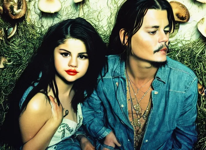 Prompt: Selena Gomez and Young Johnny Depp on a mushroom trip on shag carpet , photograph by Annie Leibovitz and Mark Seliger; oil on canvas; Dalle