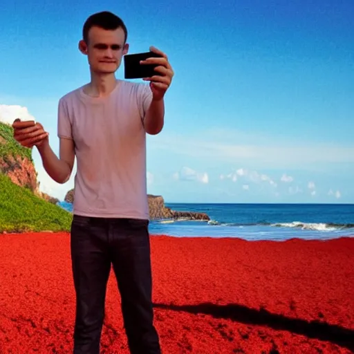 Prompt: vitalik buterin on a red beach taking a selfie