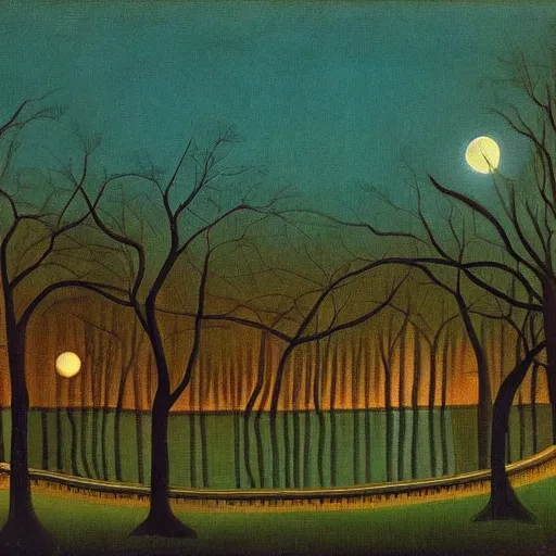 Image similar to central park at night, henri rousseau painting, moon light, teal palette