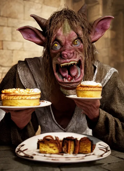 Image similar to closeup portrait of a medieval goblin eating cakes in the cloisters, depth of field, zeiss lens, detailed, symmetrical, centered, fashion photoshoot, by Annie Leibovitz and Steve McCurry, David Lazar, Jimmy Nelsson, Breathtaking, 8k resolution, extremely detailed, beautiful, establishing shot, artistic, hyperrealistic, beautiful face, octane render