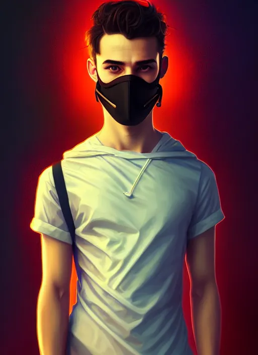 Image similar to handsome young man with black medical mask, half body shot, path traced, highly detailed, high quality, digital painting, alena aenami, lilia alvarado, shinji aramaki, karol bak, alphonse mucha, tom bagshaw