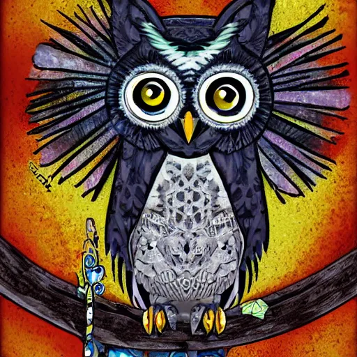 Prompt: owl playing panpipe, digital art