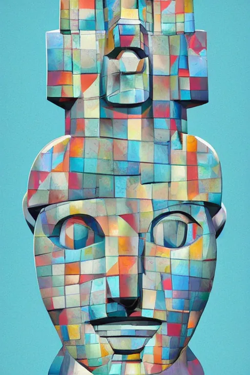 Image similar to cubist moai statue cutout digital illustration cartoon colorful beeple