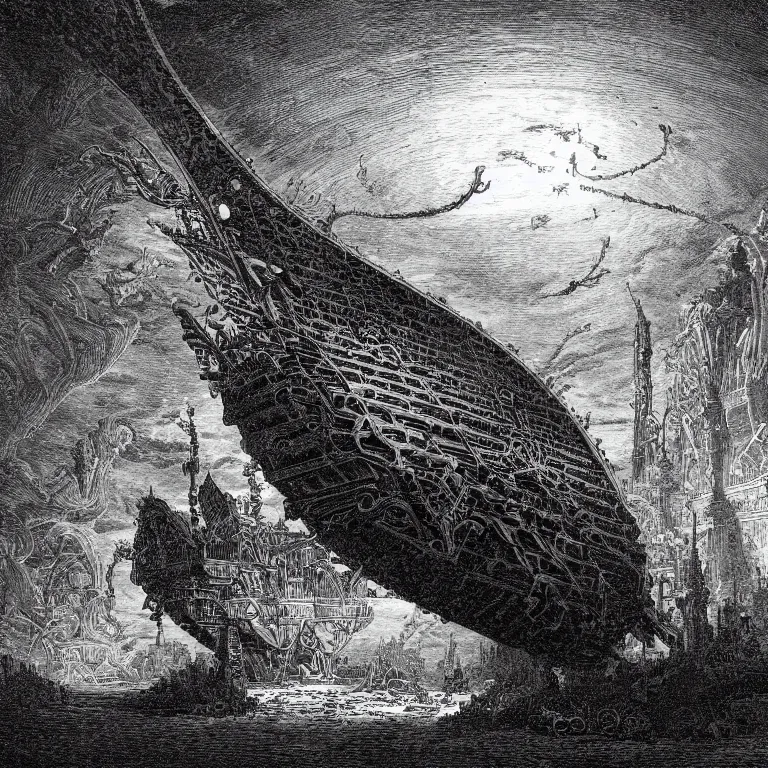 Prompt: spaceship in the style of gustave dore and piranesi