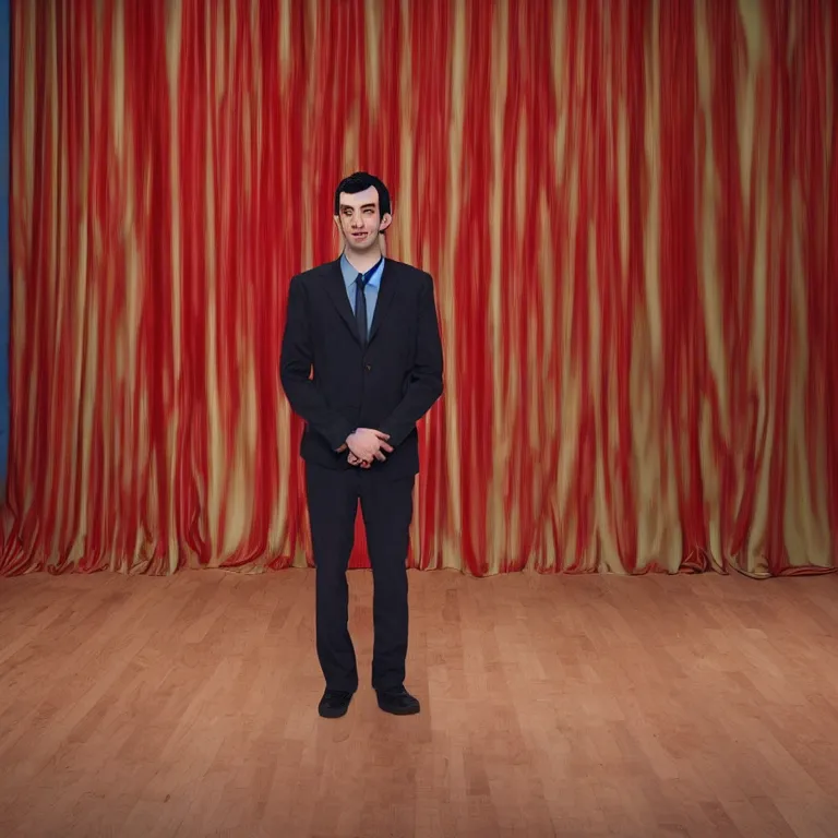 Image similar to dslr photograph of nathan fielder from nathan for you behind a puppet stage with a red curtain controlling a single marionette by the strings, high detail, 8 k, photorealism, sharp focus, volumetric lighting