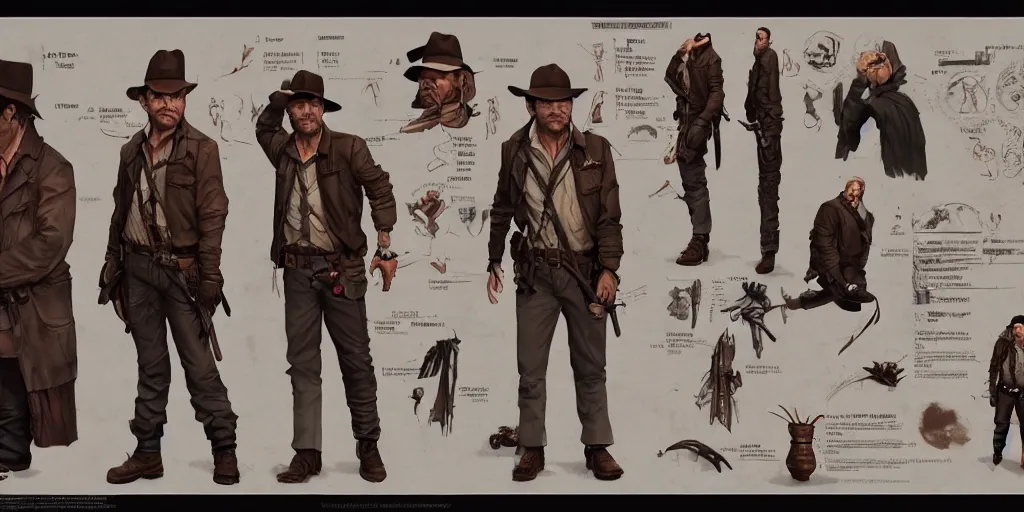 Image similar to indiana jones, character sheet, concept design, contrast, kim jung gi, greg rutkowski, hot toys, zabrocki, karlkka, jayison devadas, trending on artstation, 8 k, ultra wide angle, pincushion lens effect