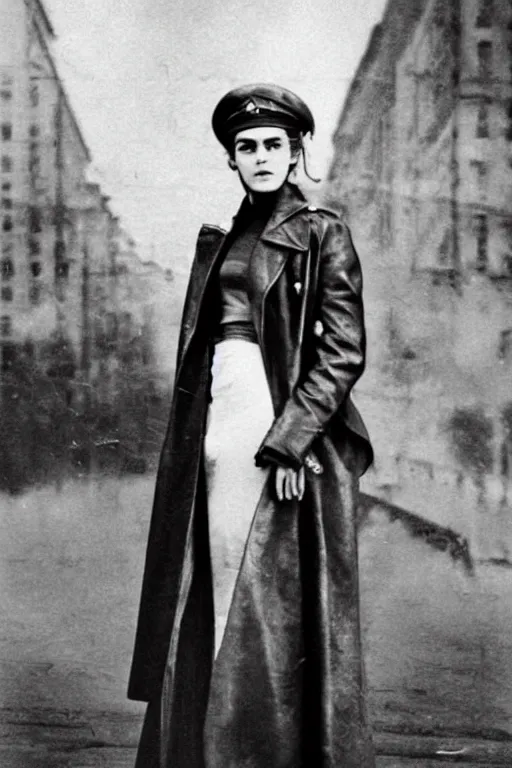 Image similar to photograph of soviet commissar, comrade emma watson, standing in a long leather coat, vintage revolution photograph, famous photo from kgb archives