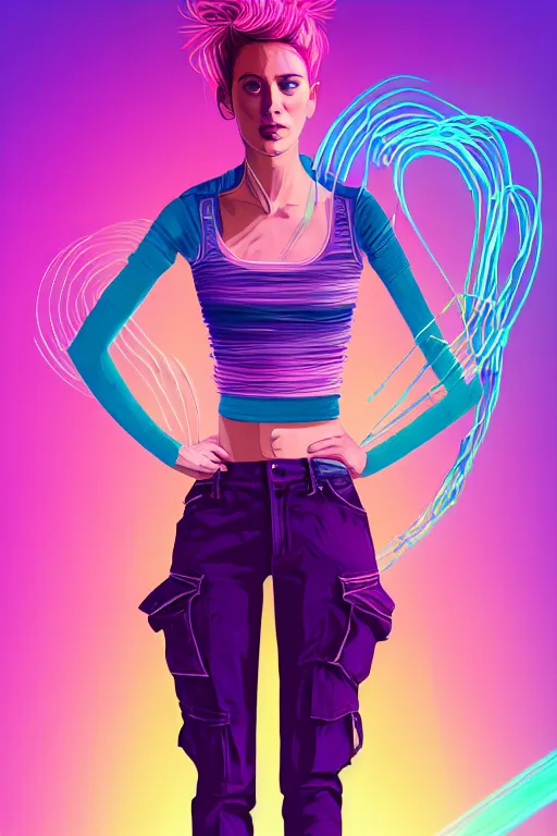 Image similar to a award winning half body portrait of a beautiful woman with stunning eyes in a croptop and cargo pants with ombre purple pink teal hairstyle and hands in pockets by thomas danthony, surrounded by whirling illuminated lines, outrun, vaporware, shaded flat illustration, digital art, trending on artstation, highly detailed, fine detail, intricate