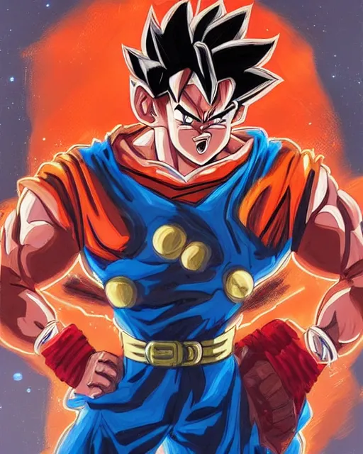 Image similar to gigachad goku in space wearing a red suit by ilya, ernest khalimov body by krista, super mario bros symmetrical face concept art, hyper realistic, intricate, elegent, highly detailed, digital painting, concept art, smooth, sharp, focus, illustration, art by artgerm and greg rutkowski and alphonse mucha, artstation
