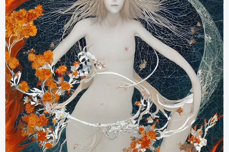 Prompt: woman portrait, phoenix in fire, goddess of greek mythology, orthodox saint, amalgamation of leaves and flowers. balenciaga, intricate complexity. matte paper, cut paper texture. by Jeffrey Catherine Jones, James jean, Miho Hirano, Hayao Miyazaki, coarse gritby. Full of light-blue and silver and white layers. Exquisite detail 8K