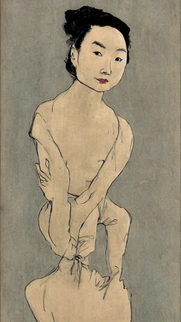 Image similar to Maggie Cheung, portrait en buste, by Henri Tolouse-Lautrec