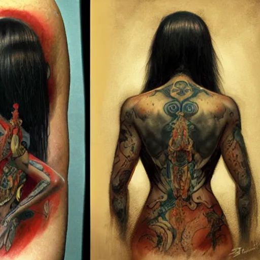 Image similar to An Asian woman with a full-body tattoo of the Dark Arts with her back turned to the camera highly detailed, fullbody, artstation, dark fantasy, horror, Silent Hill game, concept art, smooth, sharp focus, illustration, art by greg rutkowski and orientalism and bouguereau and Zdzislaw Beksinski, good clear quality, lighting, biology, symmetrical artwork, perfect face, 135 mm, cinematic, hyper realism, high detail, octane render, 8k, chrome accents