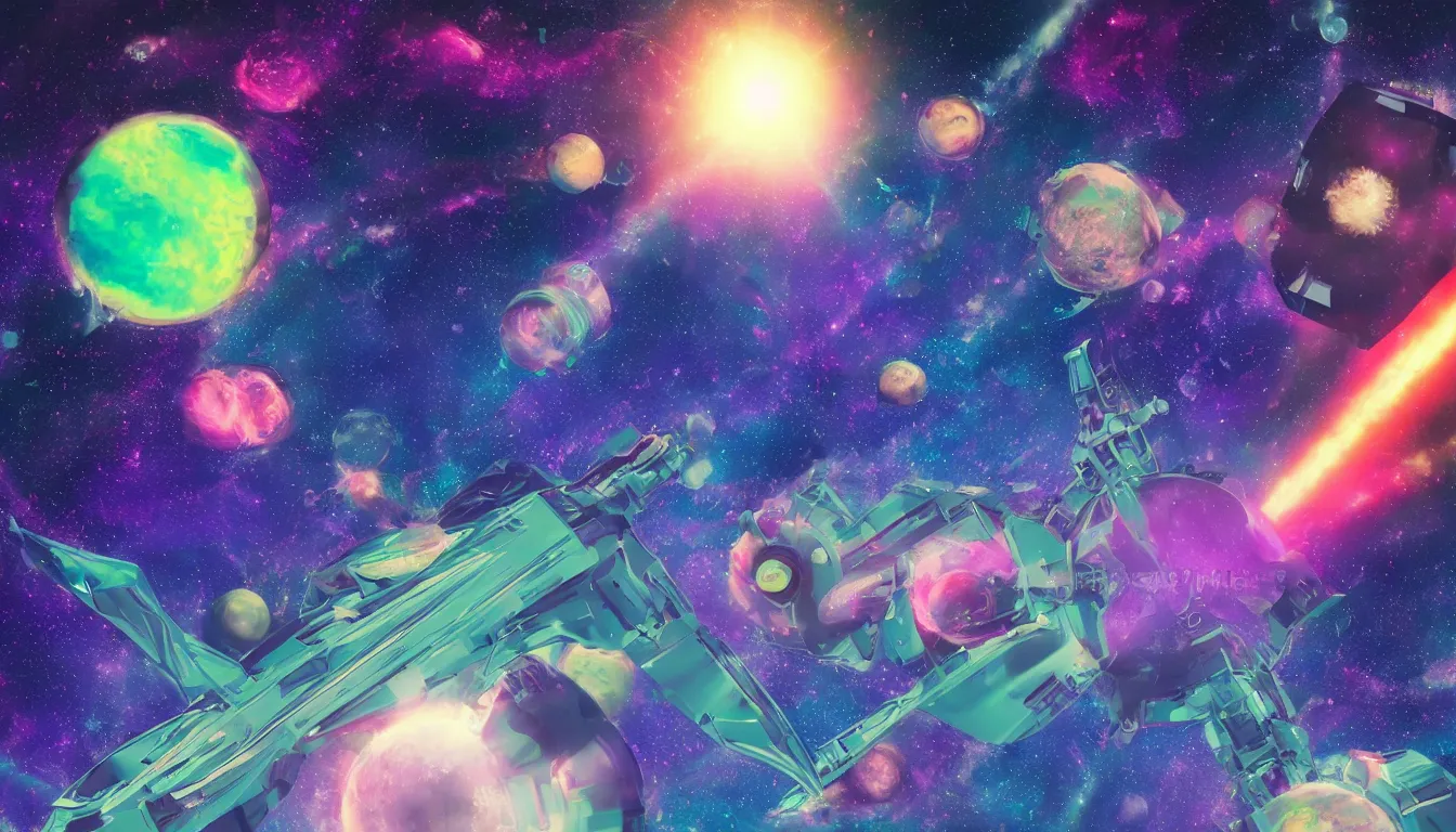 Image similar to spaceship in space with planets and nebulas, psychedelic, vaporwave