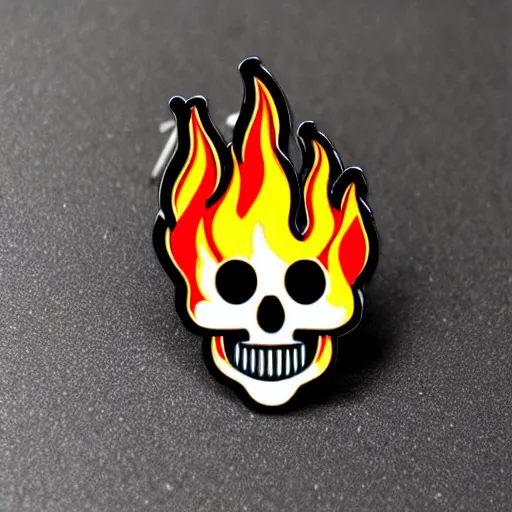 Image similar to retro minimalistic menacing clean skull with fire flame enamel pin