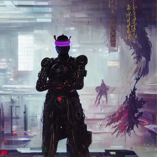 Prompt: highly detailed portrait of a cyber ninja in a futuristic buddhist temple by wadim kashin, dark colors, high contrast