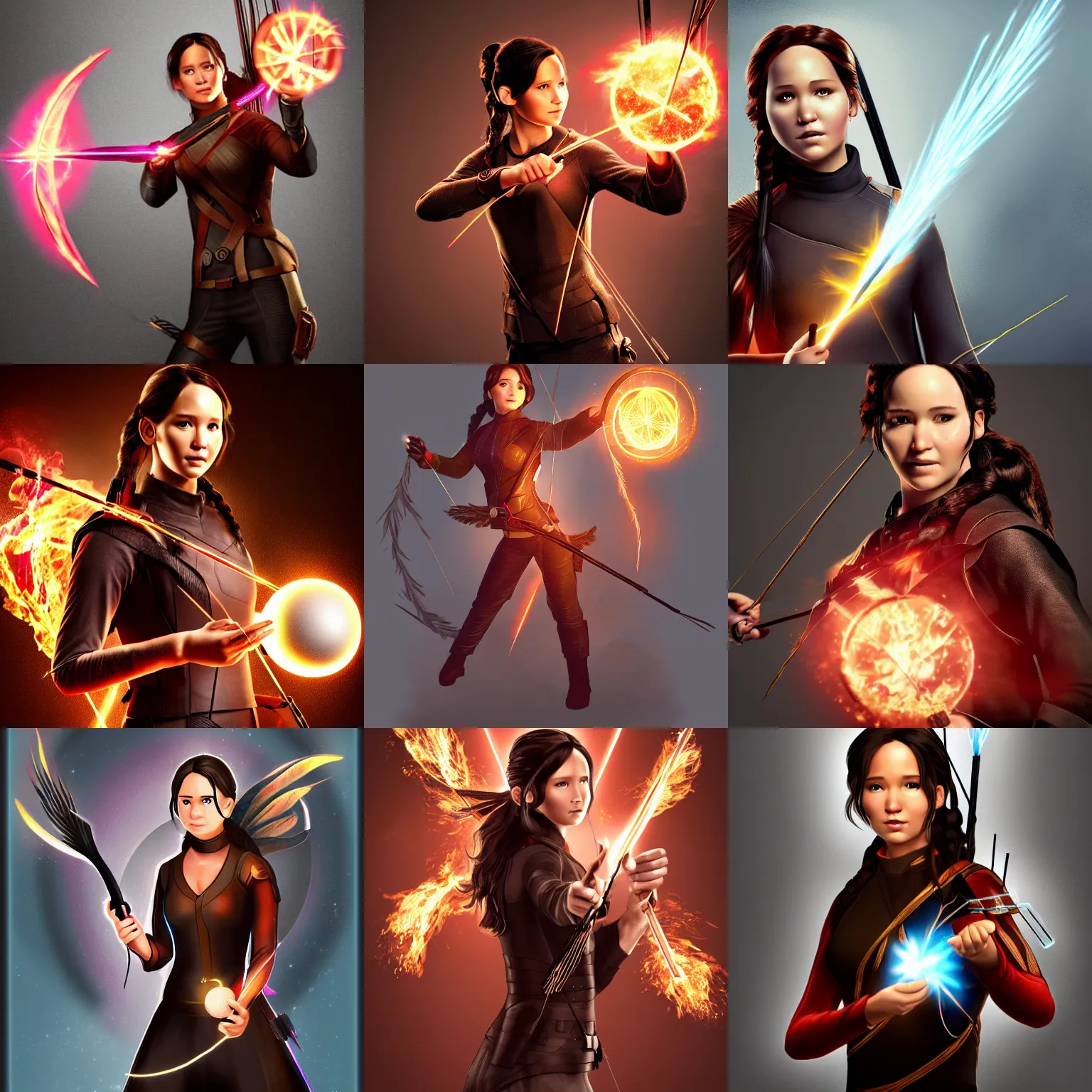 Prompt: Katniss Everdeen as a mage, holding a magical glowing energy ball, digital art, trending on ArtStation