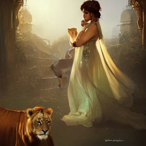 Image similar to a Photorealistic dramatic hyperrealistic render of an arab ameera al taweel, green tan skin, eyes, red hair, white veil, with a pet lion by WLOP,Artgerm,Greg Rutkowski,Alphonse Mucha, Beautiful dynamic dramatic dark moody lighting,shadows,cinematic atmosphere,Artstation,concept design art,Octane render,8K