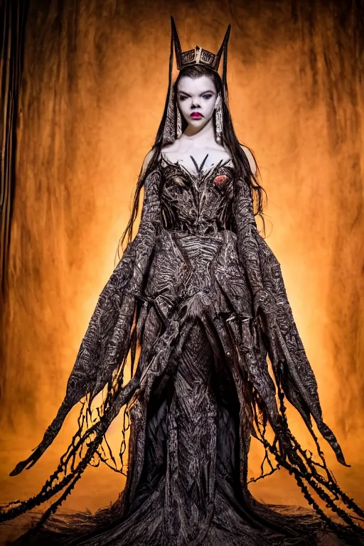 Image similar to dressed anya taylor - joy as a queen of senobith, symmetrical, cinematic, elegant, demonic atmosphere, professional studio light, real dlsr photography, sharp focus, costume made by clive barker, real rotten flesh and blood, 4 k, ultra hd, sense of awe