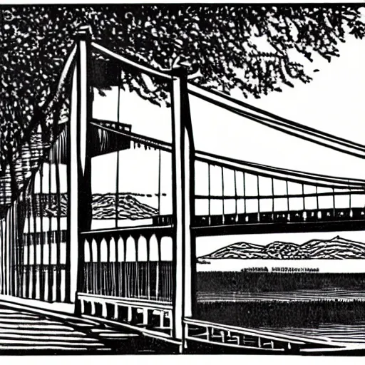 Prompt: steel suspension bridge built in 1 9 2 8, side view, woodcut style,