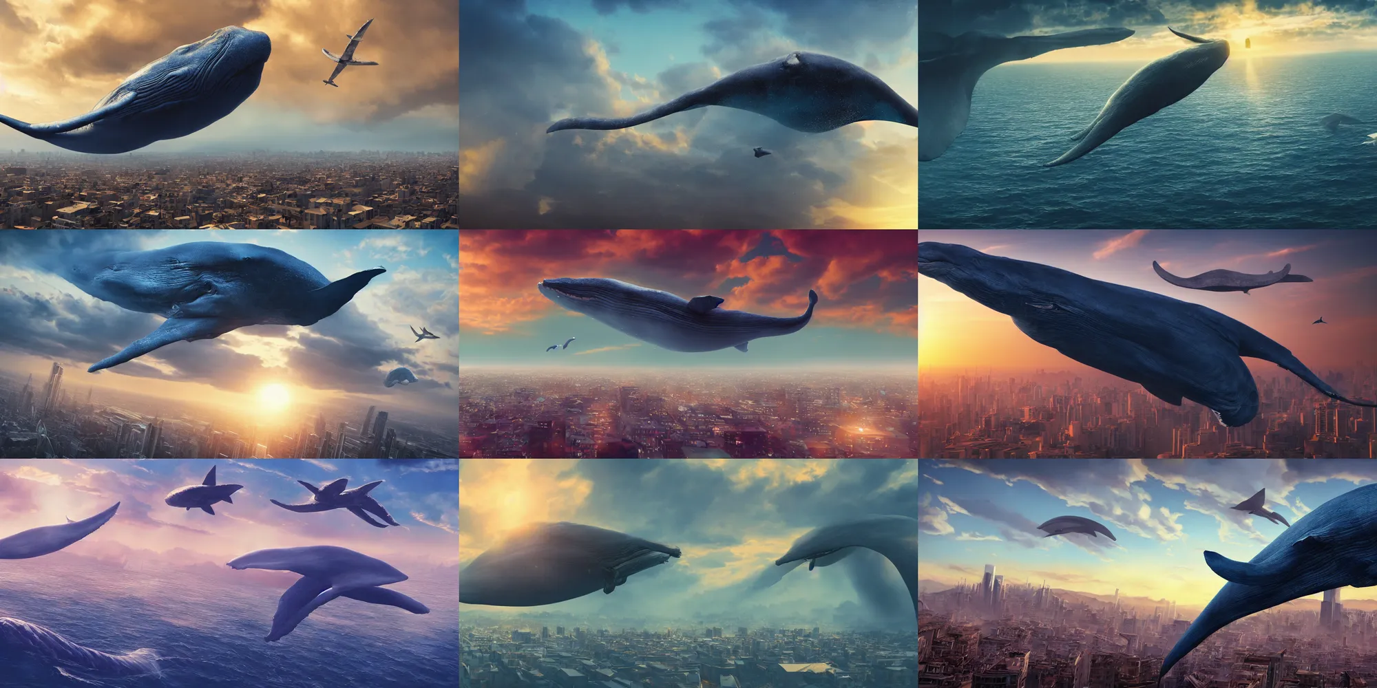 Prompt: a huge blue whale is flying above a city, epic, surreal, cinematic shot, golden hour, artstation, atmosphere, high definition