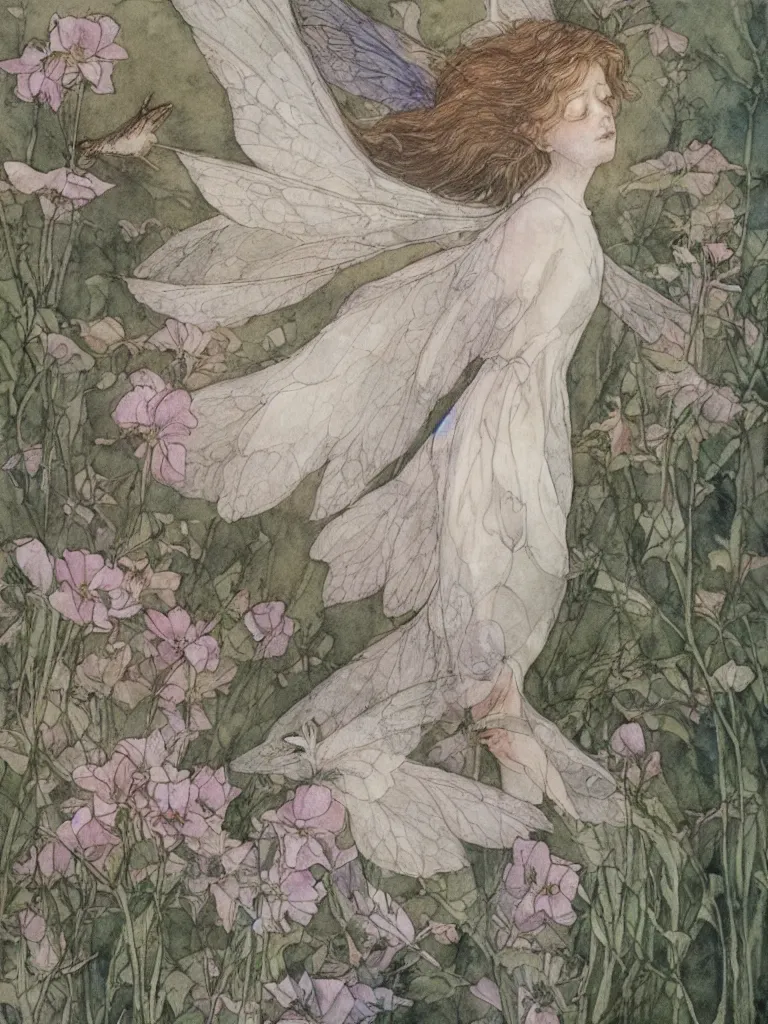 Image similar to annotated study of a flower fairy, illustration, watercolor, alan lee, detailed, pretty, ethereal,