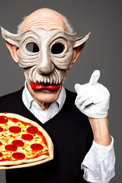 Image similar to portrait photo of an old wrinkled man, skinny face, bony face, long crooked nose, large gaping mouth, black pulcinella mask, masquerade mask, pointy conical hat, white wrinkled shirt, holding up a pizza, presenting a large pizza, close - up, skin blemishes, menacing, intimidating, masterpiece by paola agosti