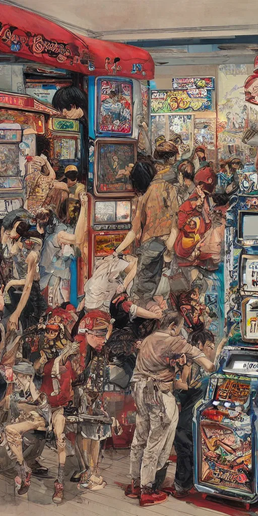 Image similar to oil painting scene from amusement arcade by kim jung gi