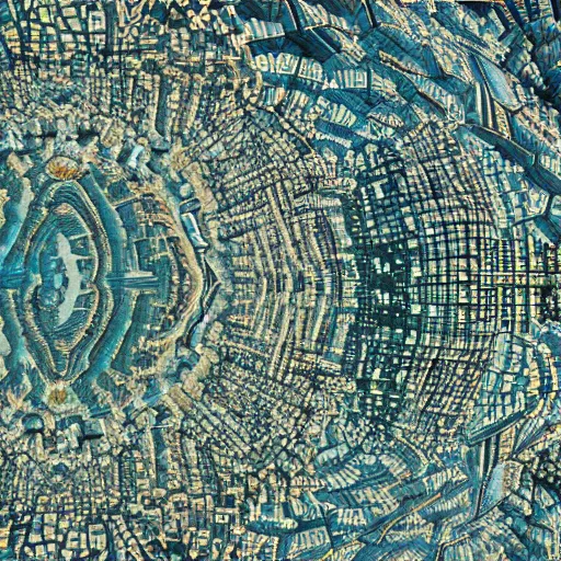 Prompt: birdview of city shaped into mandelbulb pattern