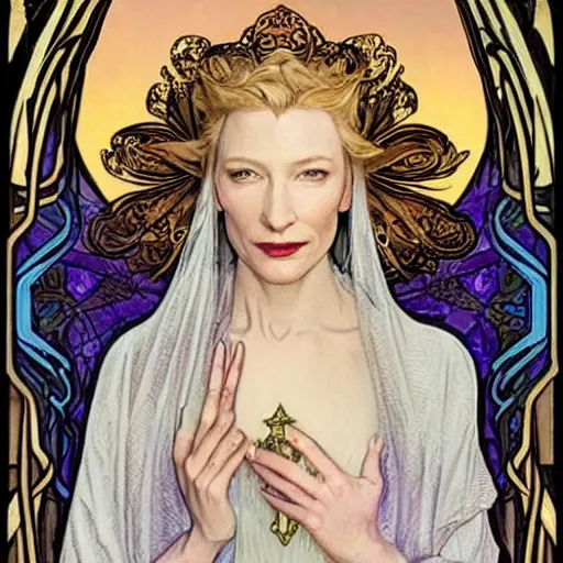 Image similar to cate blanchett as galadriel, mucha style, art nouveau,