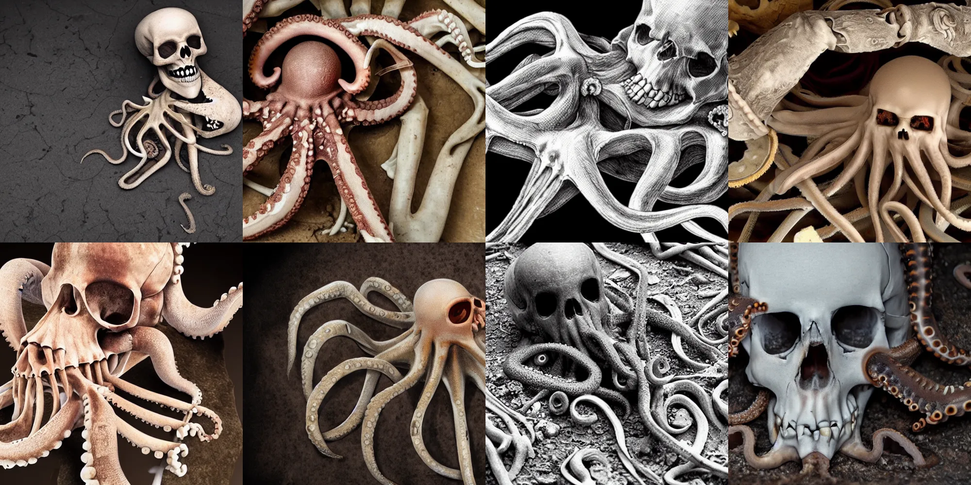 Image similar to an octopus hiding inside a decaying human skeleton