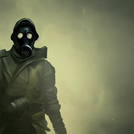 Image similar to hooden villain wearing a gas mask with smoke coming out of his body, dark background, unreal engine 5, ultra realistic, detailed, fog, by greg rutkowski