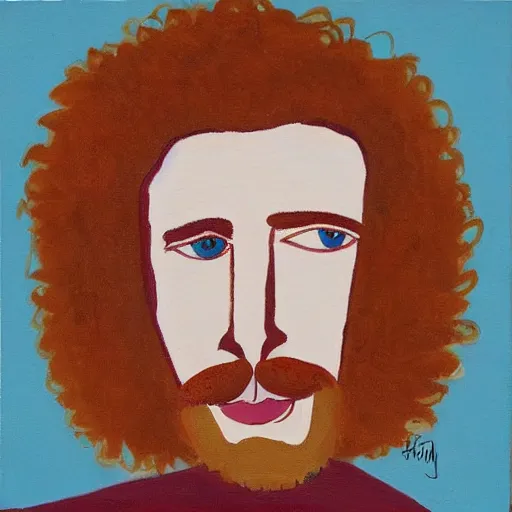 Prompt: painting by elizabeth peyton of a stressed young cute handsome beautiful strawberry blond medium very curly thick hair and slight mustache and slight beard man in his early 2 0 s wearing a blank maroon t - shirt with grey - blue eyes