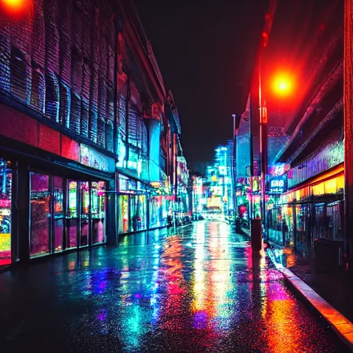 Prompt: Close-up photograph of the city street, neon lights, night time, dark, raining, f/1.4