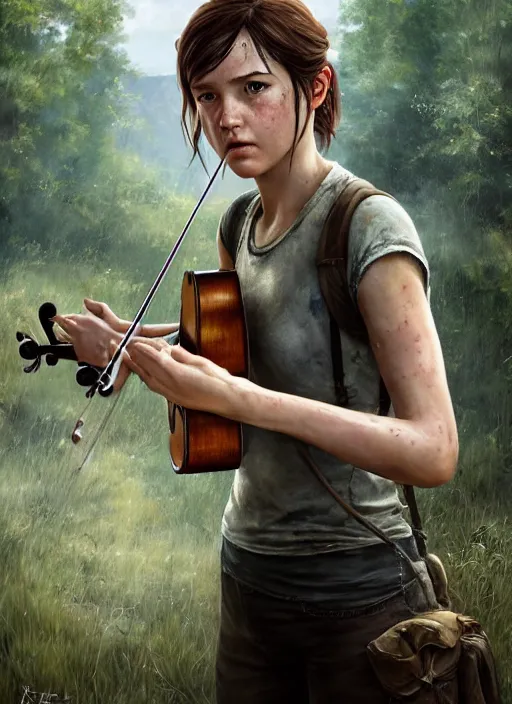 Prompt: ellie from the last of us in a white dress playing the violin on stage. by Daniel F. Gerhartz, hyperrealistic oil painting, 4k, very detailed faces, studio lightning