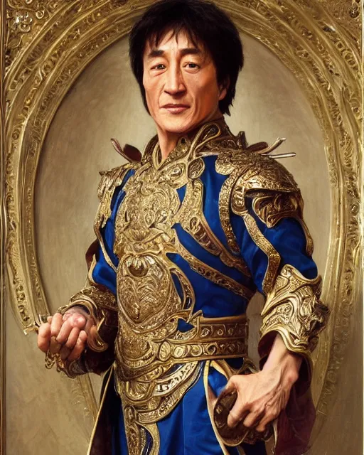 Prompt: Jackie Chan, dressed in ornate, detailed, intricate iridescent opal armor, detailed oil painting by William Adolphe Bouguereau and Donato Giancola