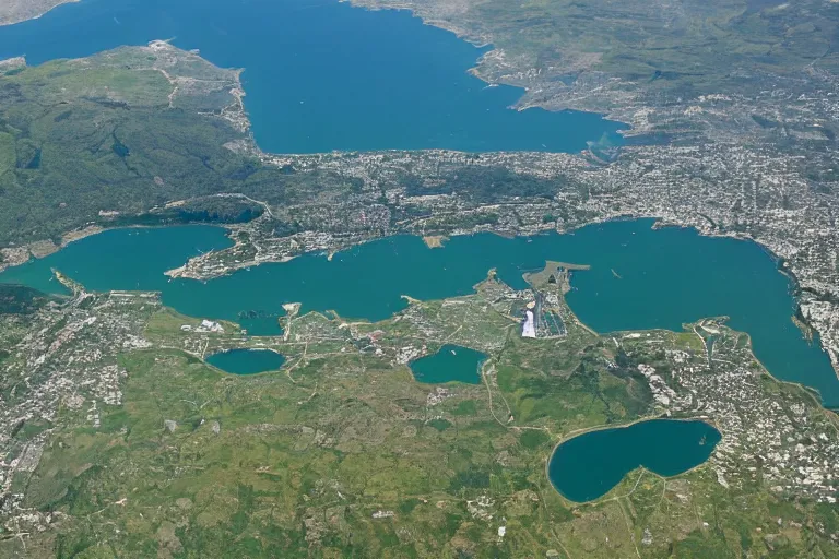 Image similar to satellite image of a bay town facing north, green mountains to the south, and a castle across the bay