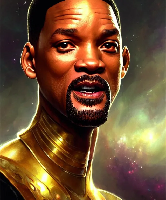 Image similar to Will Smith as a fantasy magic man portrait, sci-fi, amber eyes, face, fantasy, intricate, elegant, highly detailed, digital painting, artstation, concept art, smooth, sharp focus, illustration, art by artgerm and greg rutkowski and alphonse mucha