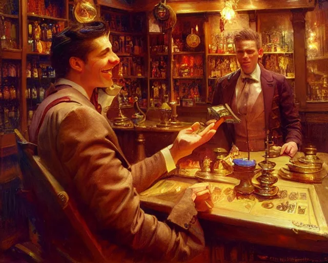 Prompt: attractive magician man, in magic shop. highly detailed painting by gaston bussiere, craig mullins, j. c. leyendecker 8 k