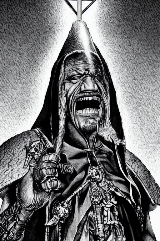 Image similar to Danny Trejo as church nun, dark fantasy, highly detailed, artstation, manga illustration by Kentaro Miura berserk