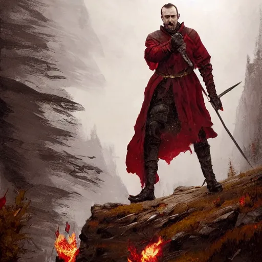 Image similar to stannis baratheon with a flaming sword in his hand standing on the edge of a cliff, artstation, jakub rozalski, mysterious, high detail