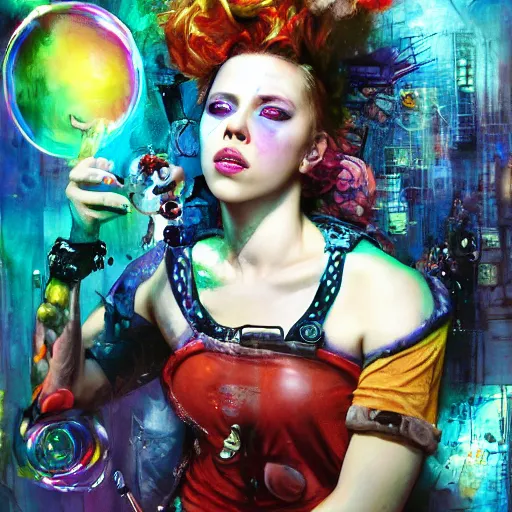 Image similar to drunken scarlett johansson as delirium from sandman, one green eye and one blue eye, hallucinating colorful soap bubbles, by jeremy mann, by sandra chevrier, by dave mckean and richard avedon and maciej kuciara, 1 9 8 0's, punk rock, tank girl, high detailed, 8 k