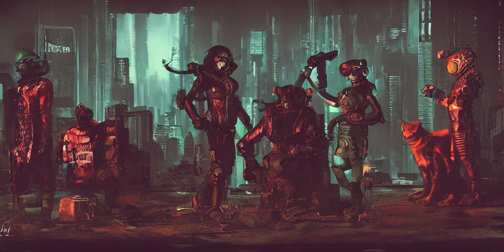 Image similar to cyberpunk cat gang posing, fallout 5, studio lighting, deep colors, apocalyptic setting, sneak