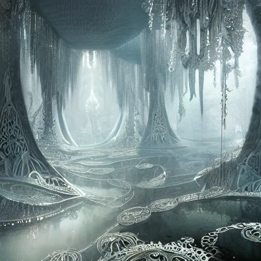 Prompt: under an white intricate like lace epic forest suspended in the air upside down, a white pool with intricate epic circles of water within floating female bio - robots, dressed in intricate veils and jewels, and an intricate mythological underwater city, epic environment, matte painting, diffused lighting, highly detailed, cinematic, epic atmosphere, digital art, trending on artstation, wide angle