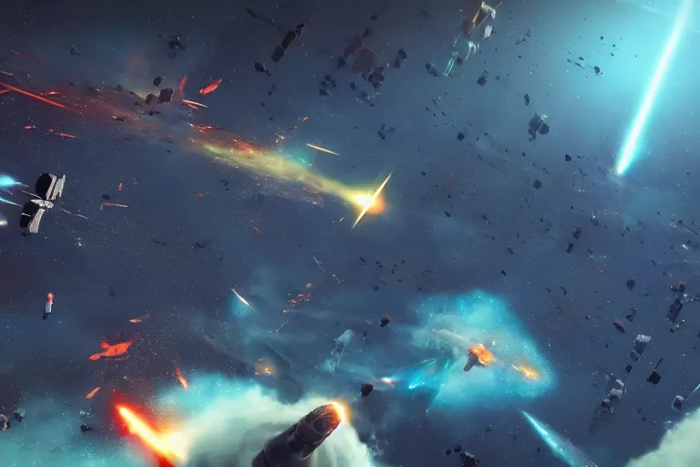 Prompt: Epic space battle with many different ships fighting, a large freighter is broken in half and smoking, nebula in the background