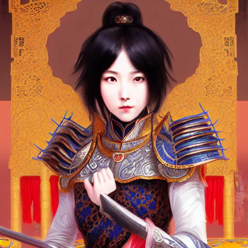 Image similar to portrait black hair young knights of Dynasty Warriors girl, rose golden color armor, in ruin chinese palace rooftop sunrise, ssci-fi and fantasy, intricate and very beautiful and elegant, highly detailed, digital painting, soft light, artstation, concept art, smooth and sharp focus, illustration, art by tian zi and WLOP and alphonse mucha