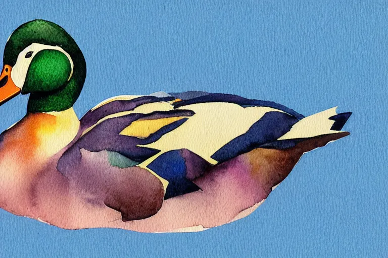 Prompt: a watercolor painting of mallard duck with blue screen background lowpoly art