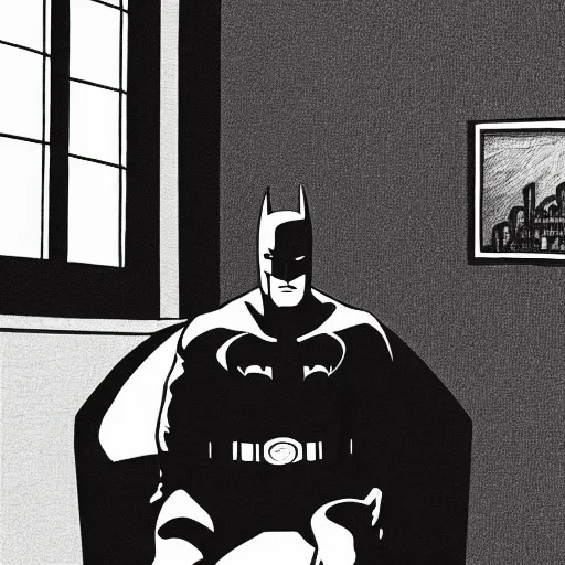 Image similar to a picture of batman sitting in a therapists office, 4 k, ultra detailed, luminist style, by m c escher