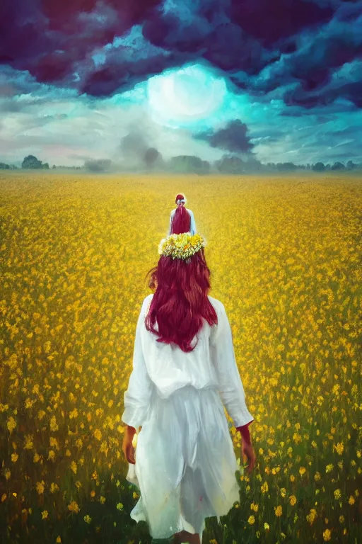 Image similar to giant white flower crown as head, veil girl walking in a flower field, surreal photography, sunrise, dramatic light, impressionist painting, colorful clouds, digital painting, artstation, simon stalenhag