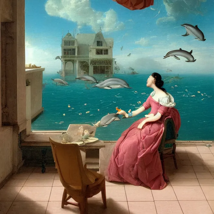 Prompt: pieter de hooch, dolphins, trending on artstation, highly detailed, vaporwave surreal ocean, dolphins, pool, checkerboard pattern underwater, cuastics, award winning masterpiece with incredible details, artstation, a surreal vaporwave vaporwave vaporwave vaporwave vaporwave painting by thomas cole of old pink marble mannequin head